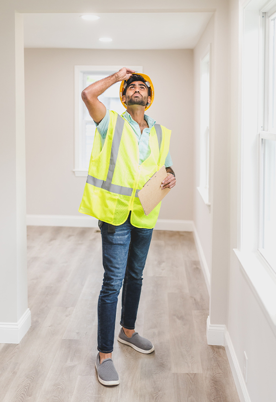 Contractor in a hard hat inspecting walls