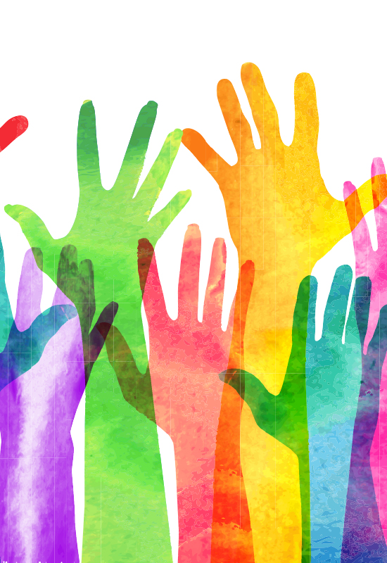 Colorful watercolor image of hands raised in the air<br />
