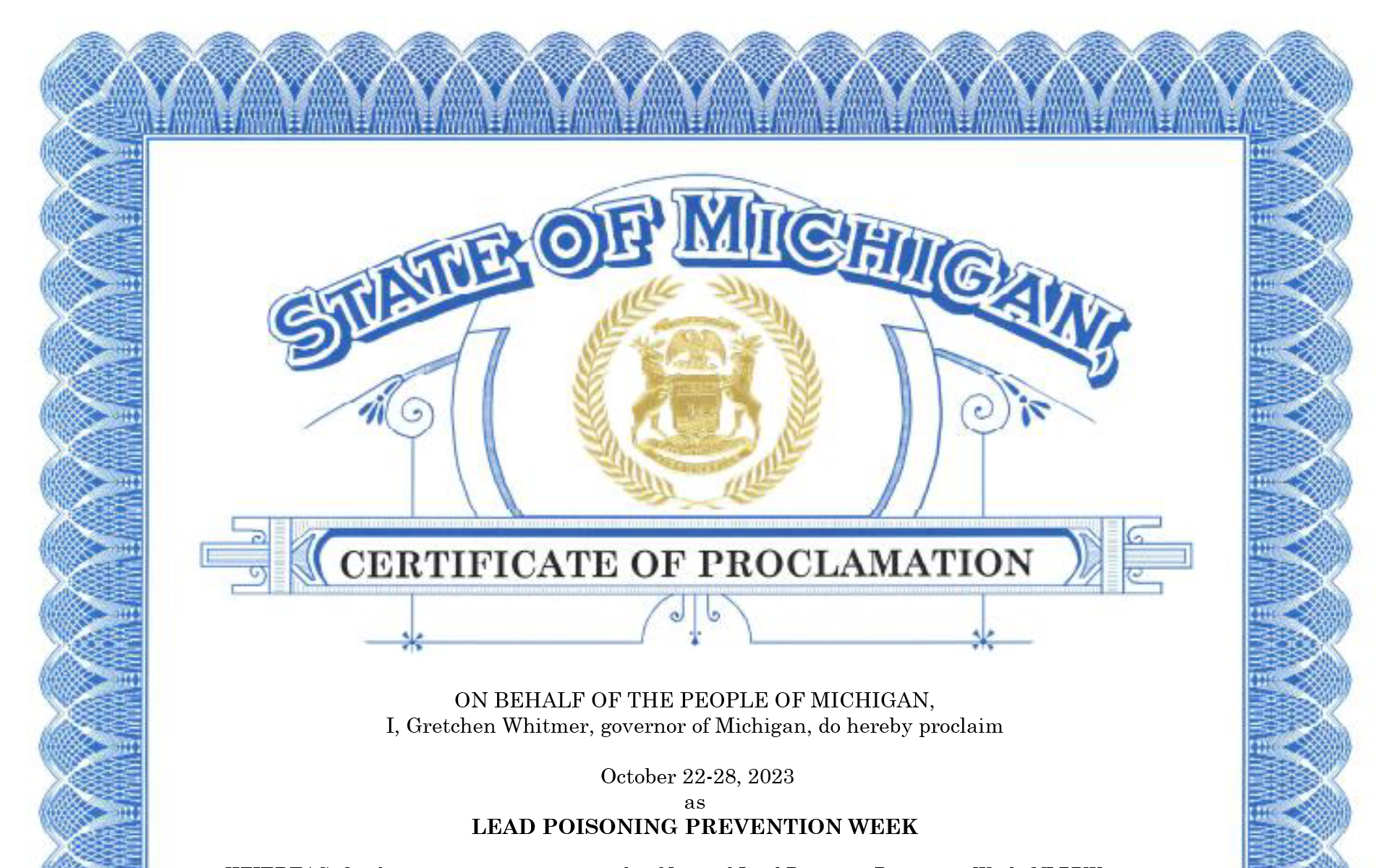 Top Portion of the State of Michigan Proclamation document.