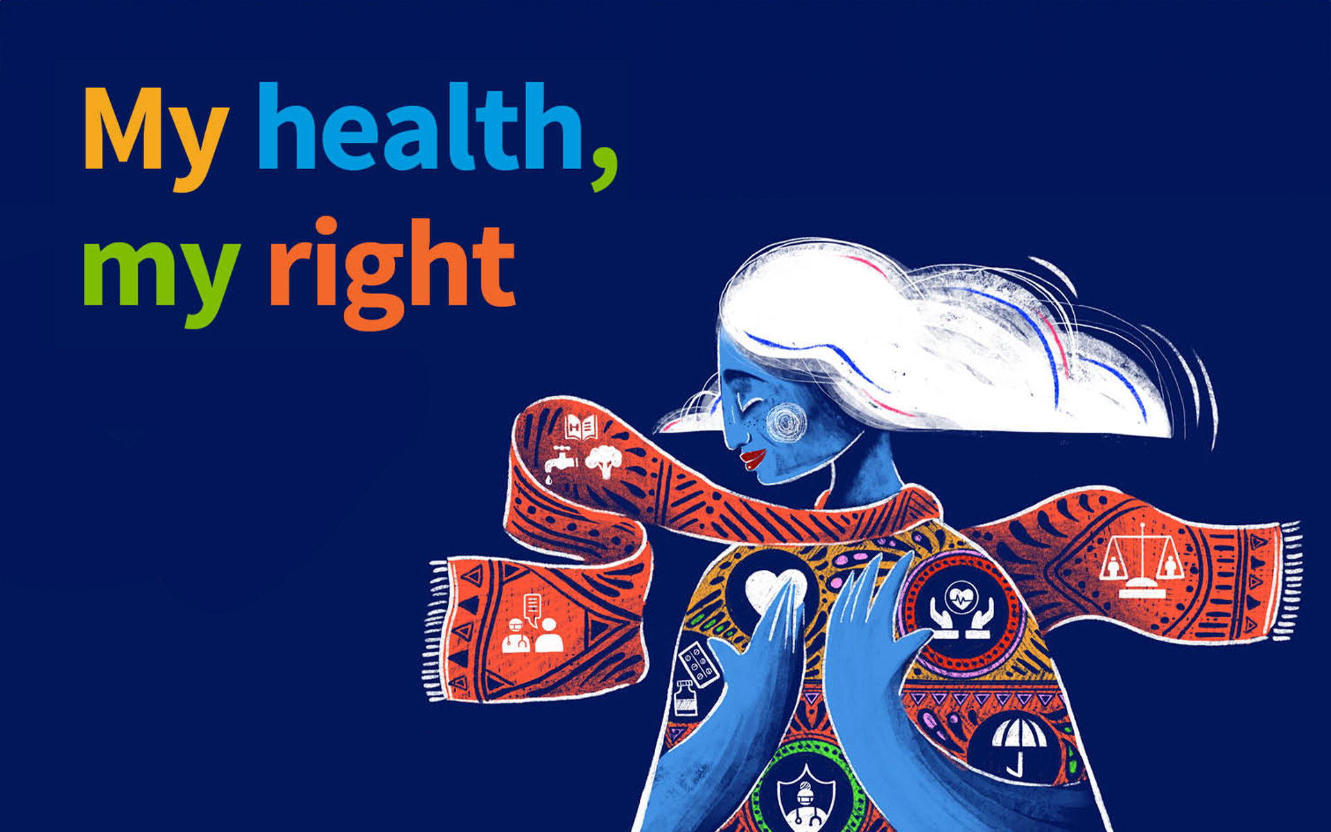 Illustration of a woman in a scarf with text reading my health my right